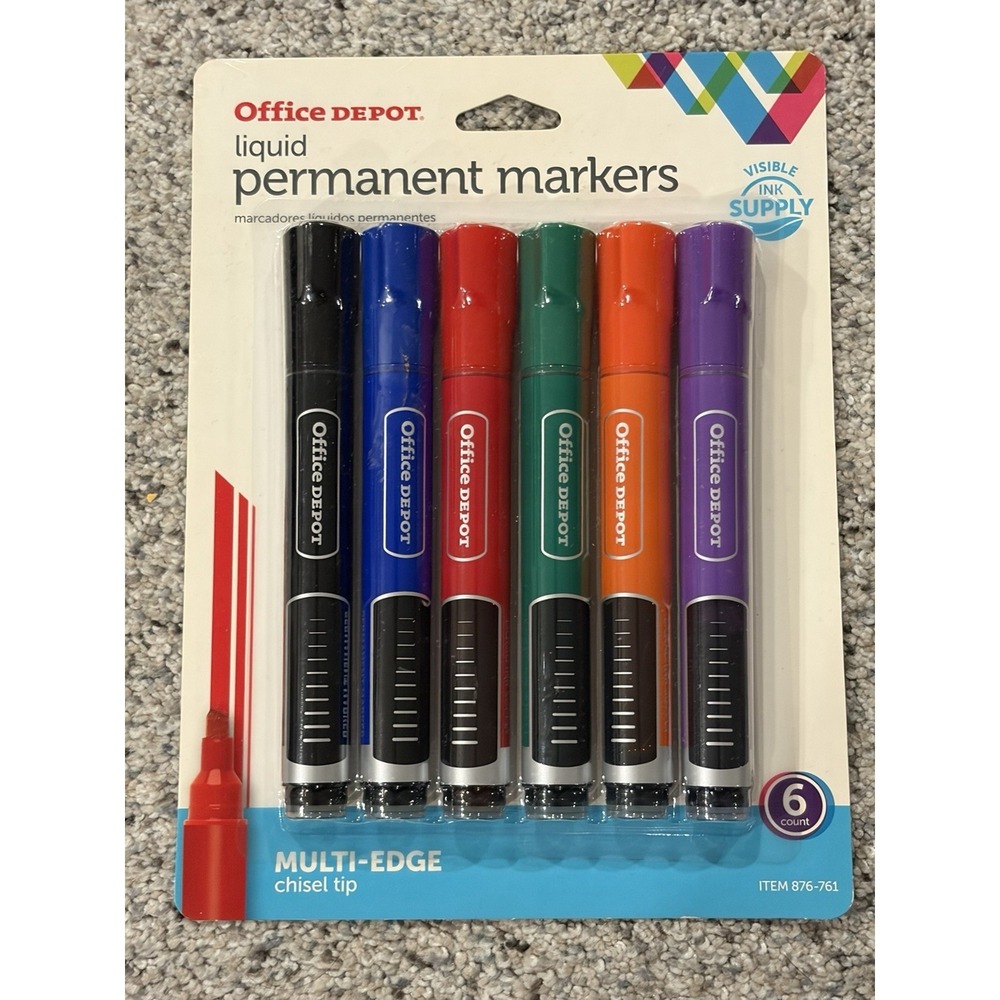 Office Depot Permanent Markers chisel tip clear barrel pack of 6 NEW Free Ship
